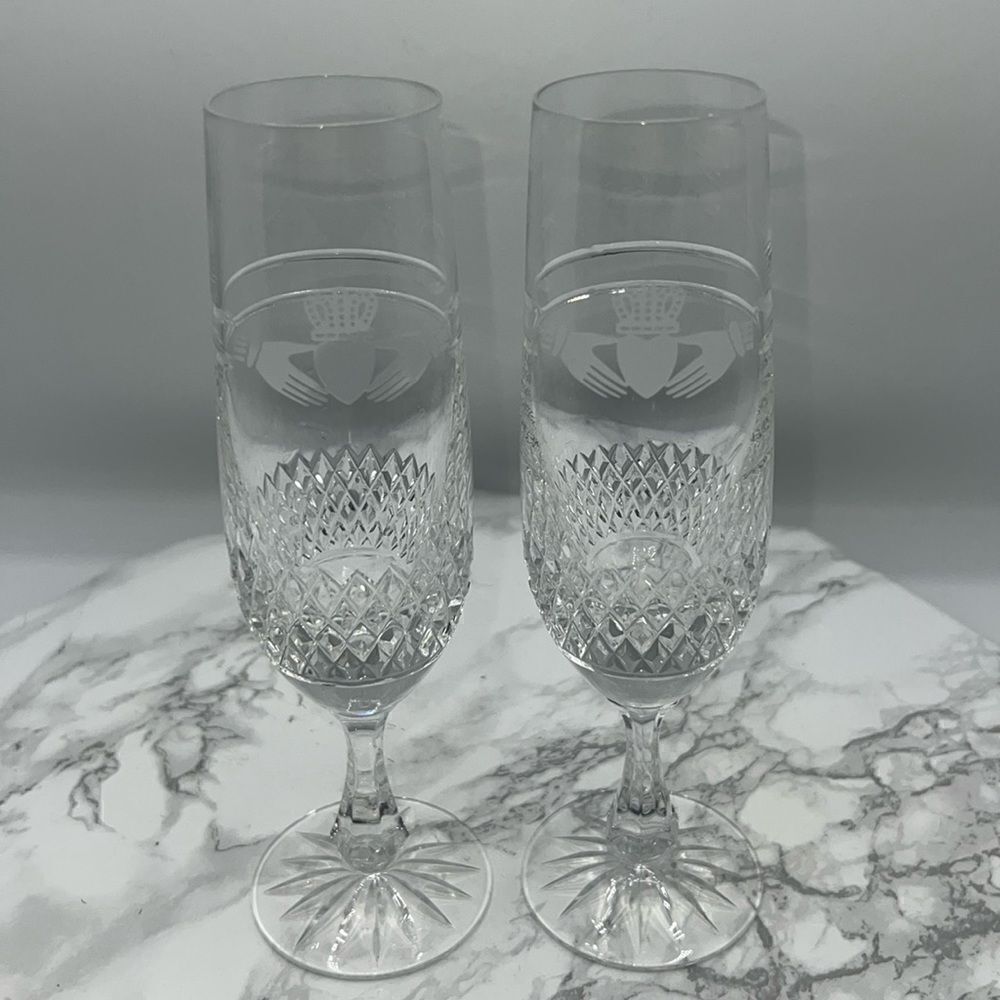 GALWAY CRYSTAL Champagne Flutes Claddagh Etched